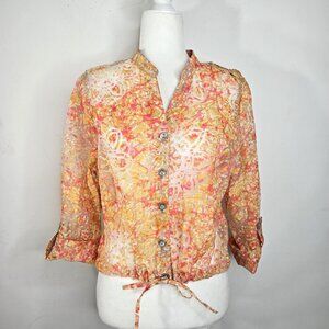 Hearts of Palm Red Orange Mesh Button Up Tie Front Roll Tab Blouse